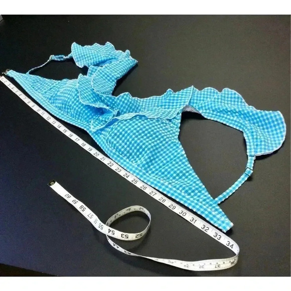 Lilly Pulitzer Womens 14 Aelin Bikini Top Turquoise Blue Gingham Print Ruffles - Picture 9 of 12